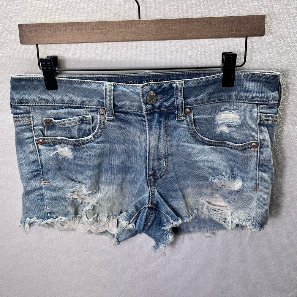 American Eagle Distressed Shortie Shorts Womens 6 Stretch Blue Denim Cute 2367